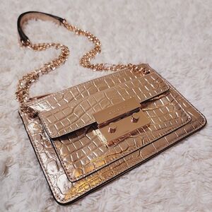 Michael Kors Sloan Metallic Rose Gold Croc Embossed Leather Crossbody Purse